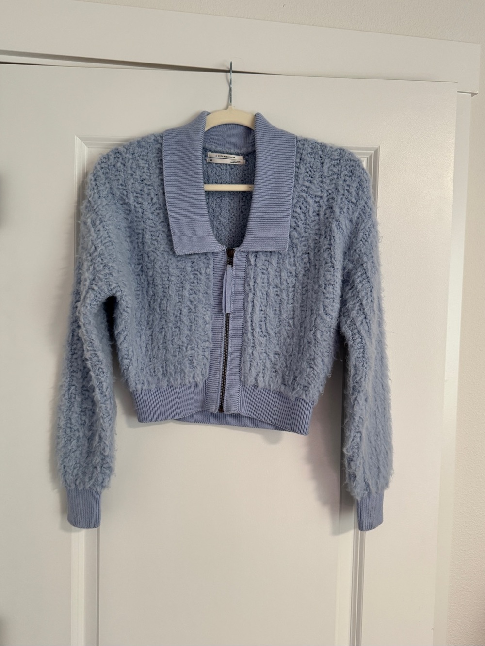 Anthropologie Cropped Teddy Zip Jacket in Light Blue